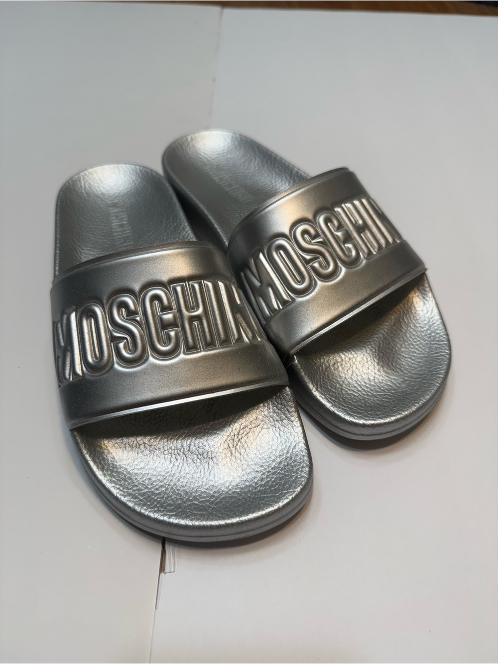Moschino Bright Silver Slides Sz 38